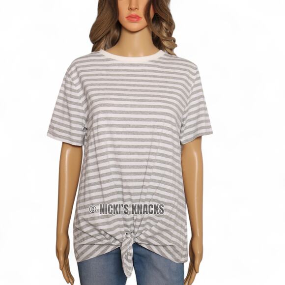 Dreamers Tie Front T-Shirt Gray White Striped Crewneck Short Sleeve Tee Size L - Picture 2 of 9